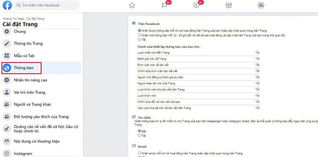 Thông báo Fanpage Facebook