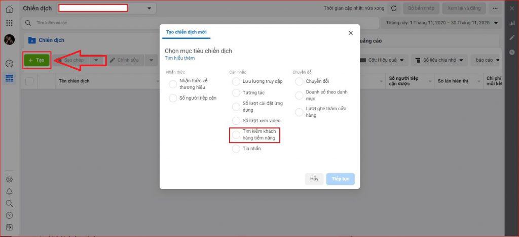 Tạo chiến dịch quảng cáo facebook lead ads