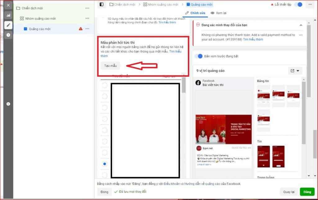 tạo mẫu phản hồi tức thì facebook lead ads