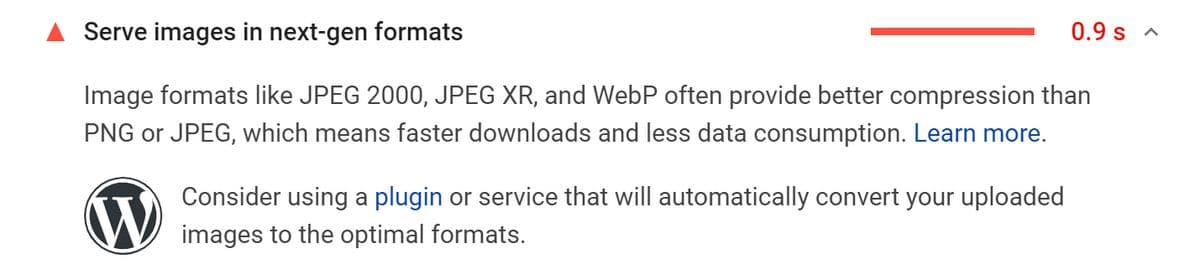 Các định dạng thế hệ mới được đề xuất làm định dạng truy cập trong Google PageSpeed Insights để SEO hình ảnh