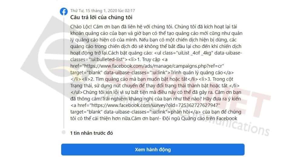 Kháng nghị thành công lỗi tài khoản quảng cáo facebook