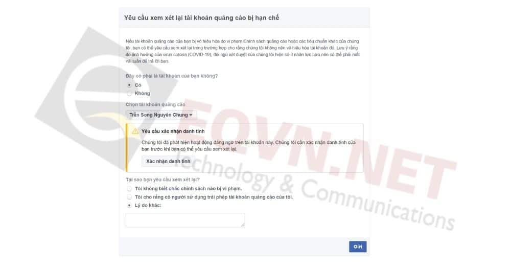 yêu cầu xem xét lỗi tài khoản quảng cáo facebook