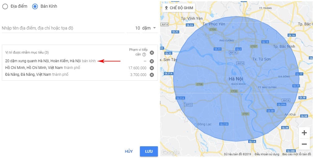 Chọn bán kính phù hợp với bấm lưu