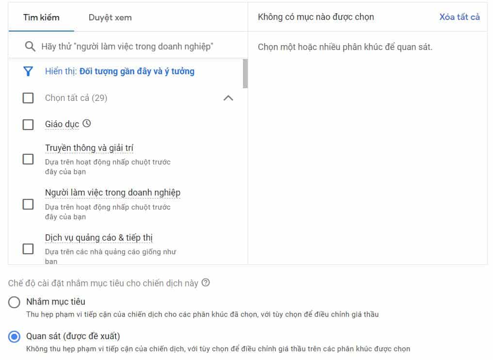 phân khúc đối tượng trong chạy quảng cảo google