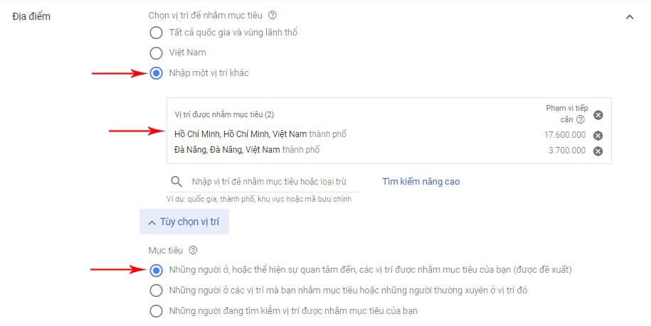 Thiết lập phạm vi chạy quảng cáo