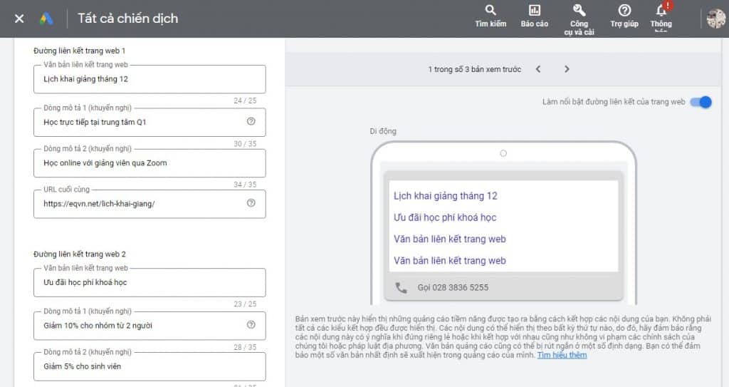 cài đặt tiện ích mở rộng google ads liên kết
