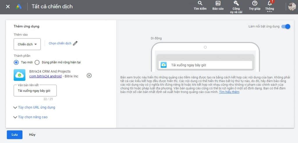 cài đặt tiện ích mở rộng google ads ứng dụng