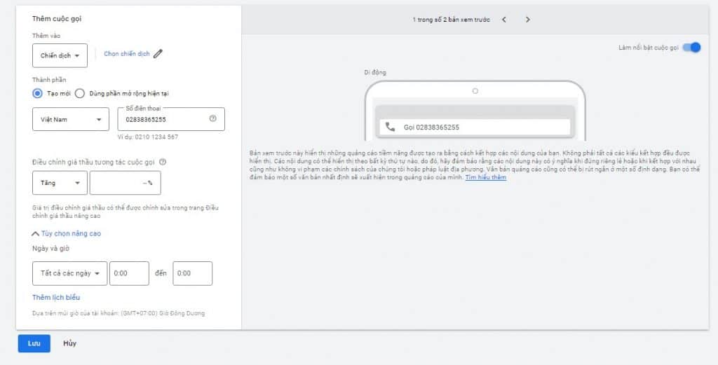 cài đặt tiện ích mở rộng google ads cuộc gọi