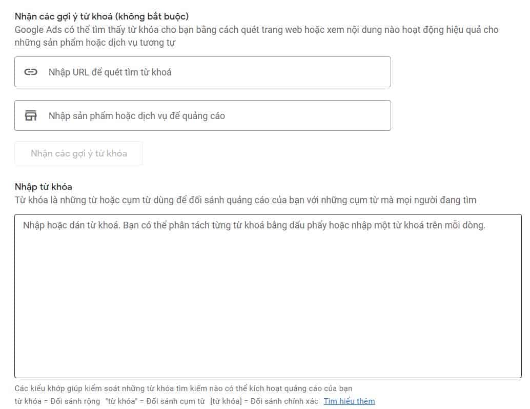 lựa chọn từ khóa khi chạy quảng cáo google
