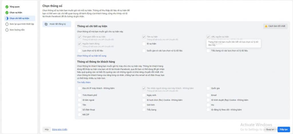 chọn chi tiết sự kiện pixel theo dõi