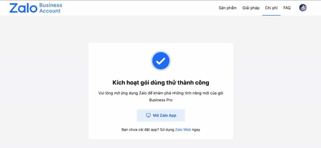 kích hoạt zalo business thành công