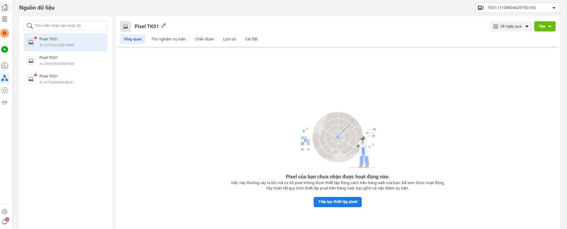 tiếp tục thiết lập facebook pixel