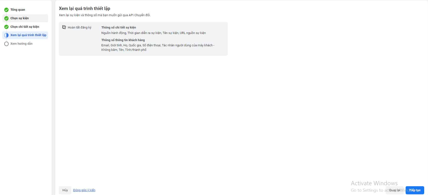 xem lại quá trình thiết lập facebook pixel