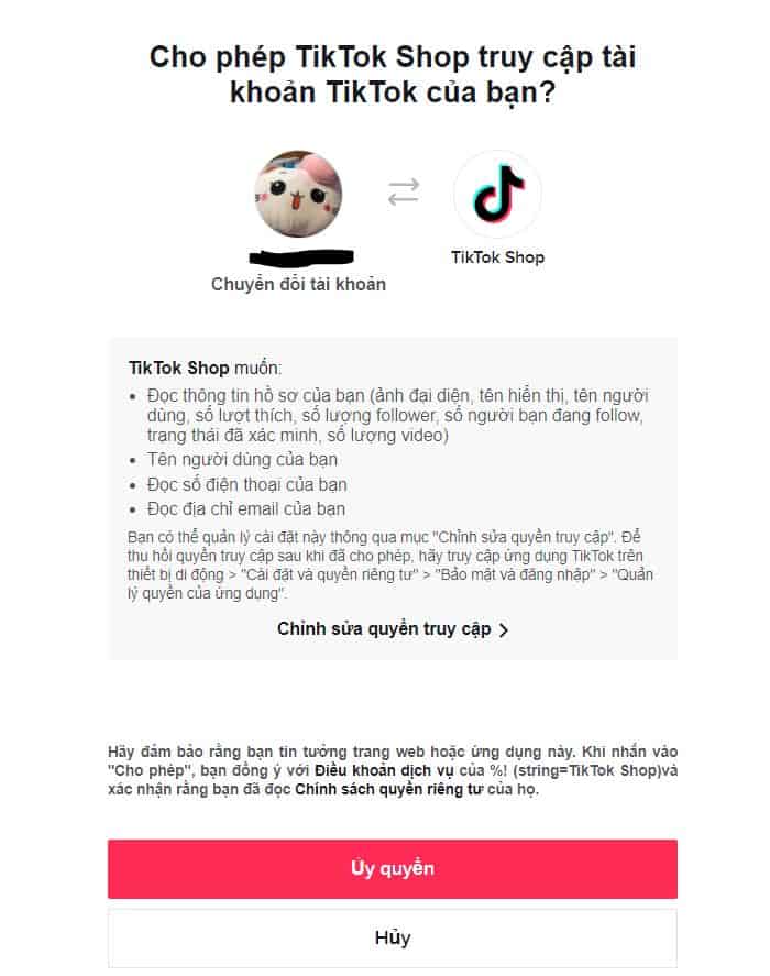 ủy quyền đăng nhập tiktok shop