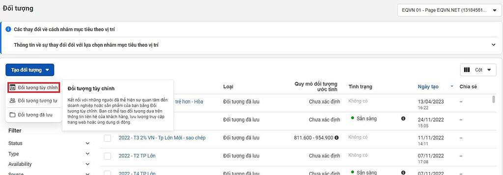 tạo đối tượng tùy chỉnh facebook
