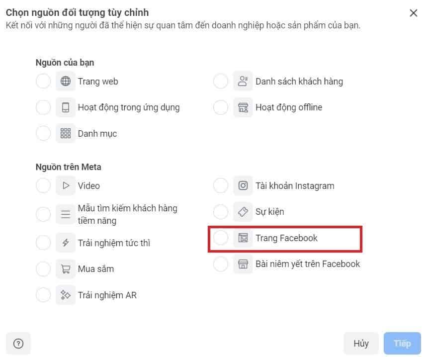 tạo đối tượng tùy chỉnh facebook