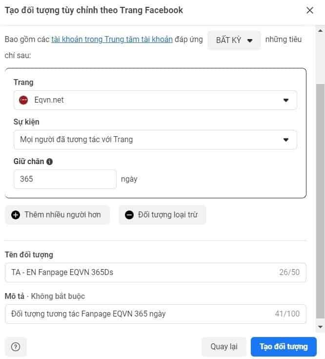tạo đối tượng tùy chỉnh facebook
