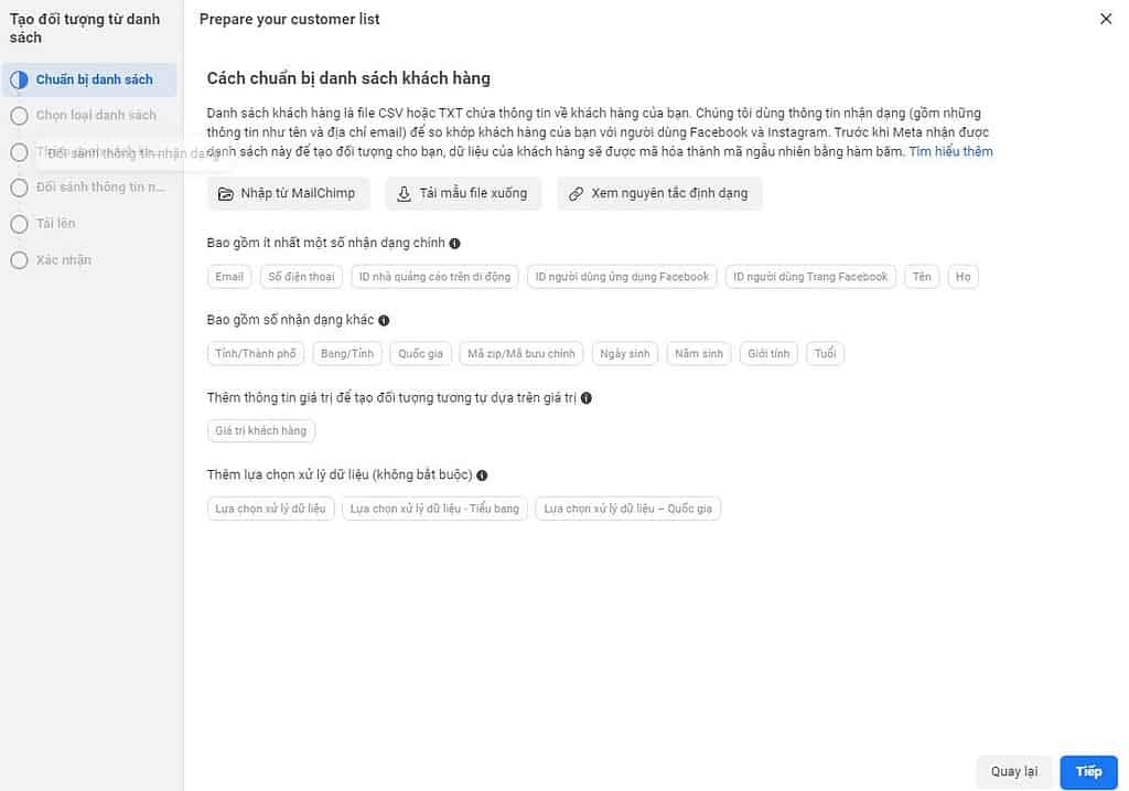 Tạo đối tượng tùy chỉnh facebook danh sách khách hàng 2