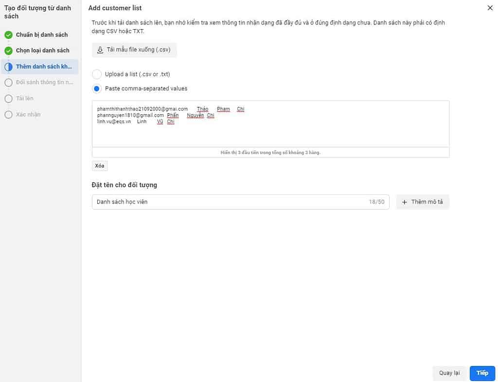 Tạo đối tượng tùy chỉnh facebook danh sách khách hàng 3