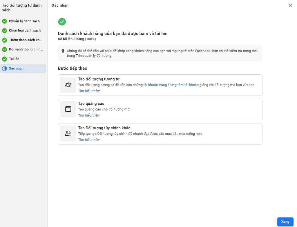 Tạo đối tượng tùy chỉnh facebook danh sách khách hàng 5