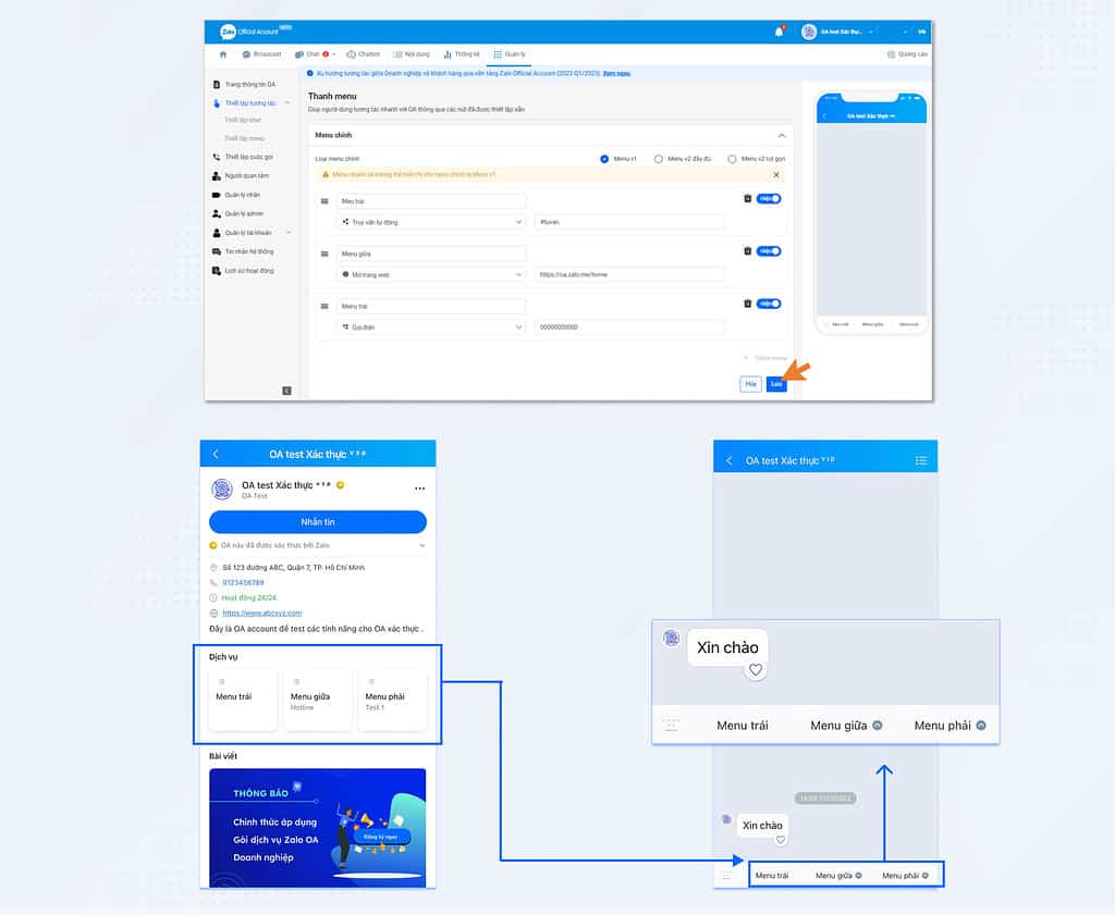 thiết lập menu zalo oa v1