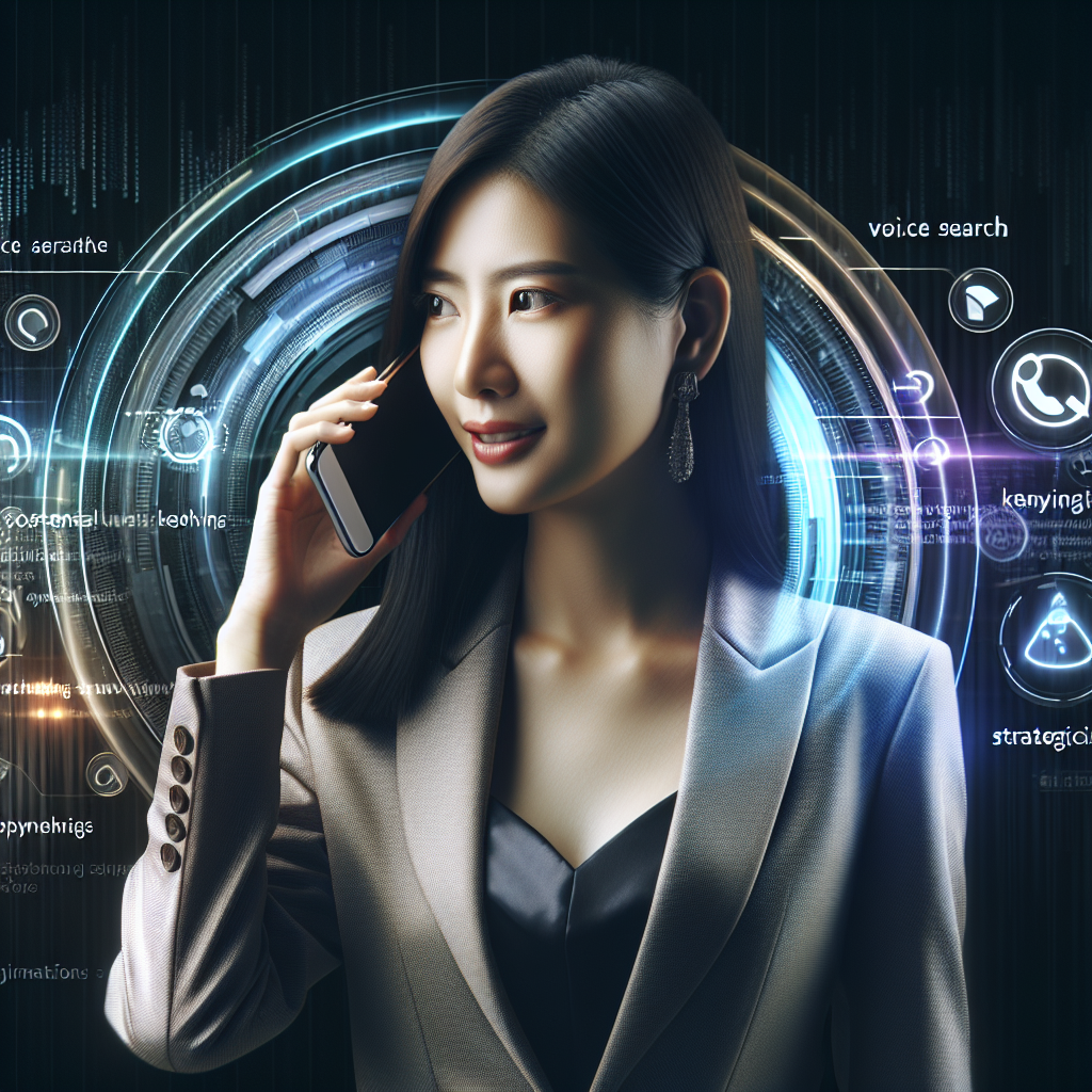 A person speaking into a smartphone, with a search engine results page visible in the background, highlighting voice search optimization strategies.