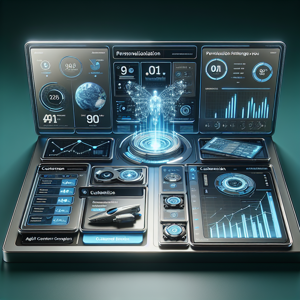 A futuristic email marketing dashboard with AI-powered personalization features, displaying real-time customer data and customized email templates.