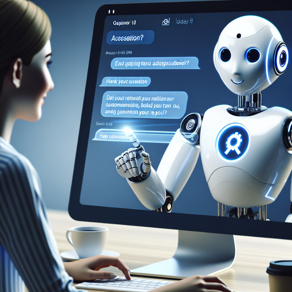 A customer service representative robot with a friendly face, assisting a customer with a query via online chat, highlighting the efficiency and accessibility of AI chatbots.