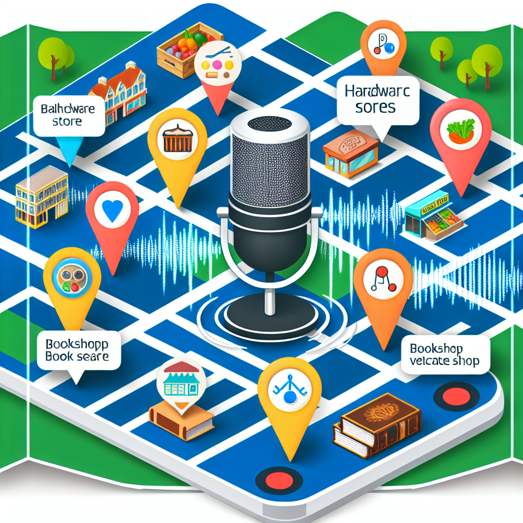 A graphic depicting a local map with pins representing businesses, highlighting the importance of local SEO for voice search.