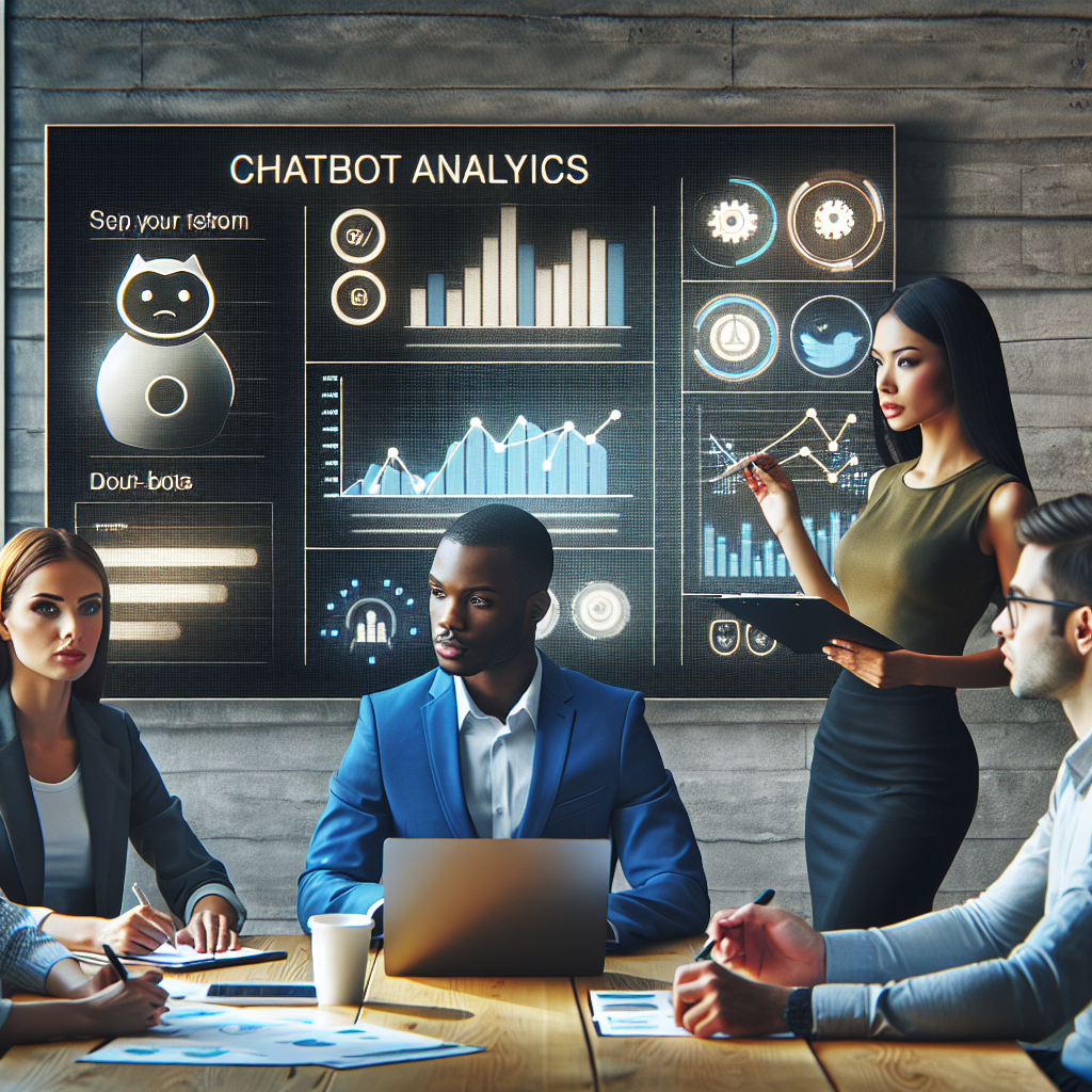 A diverse group of marketing professionals brainstorming ideas around a large screen displaying chatbot analytics and performance metrics, emphasizing the strategic use of AI in marketing campaigns.