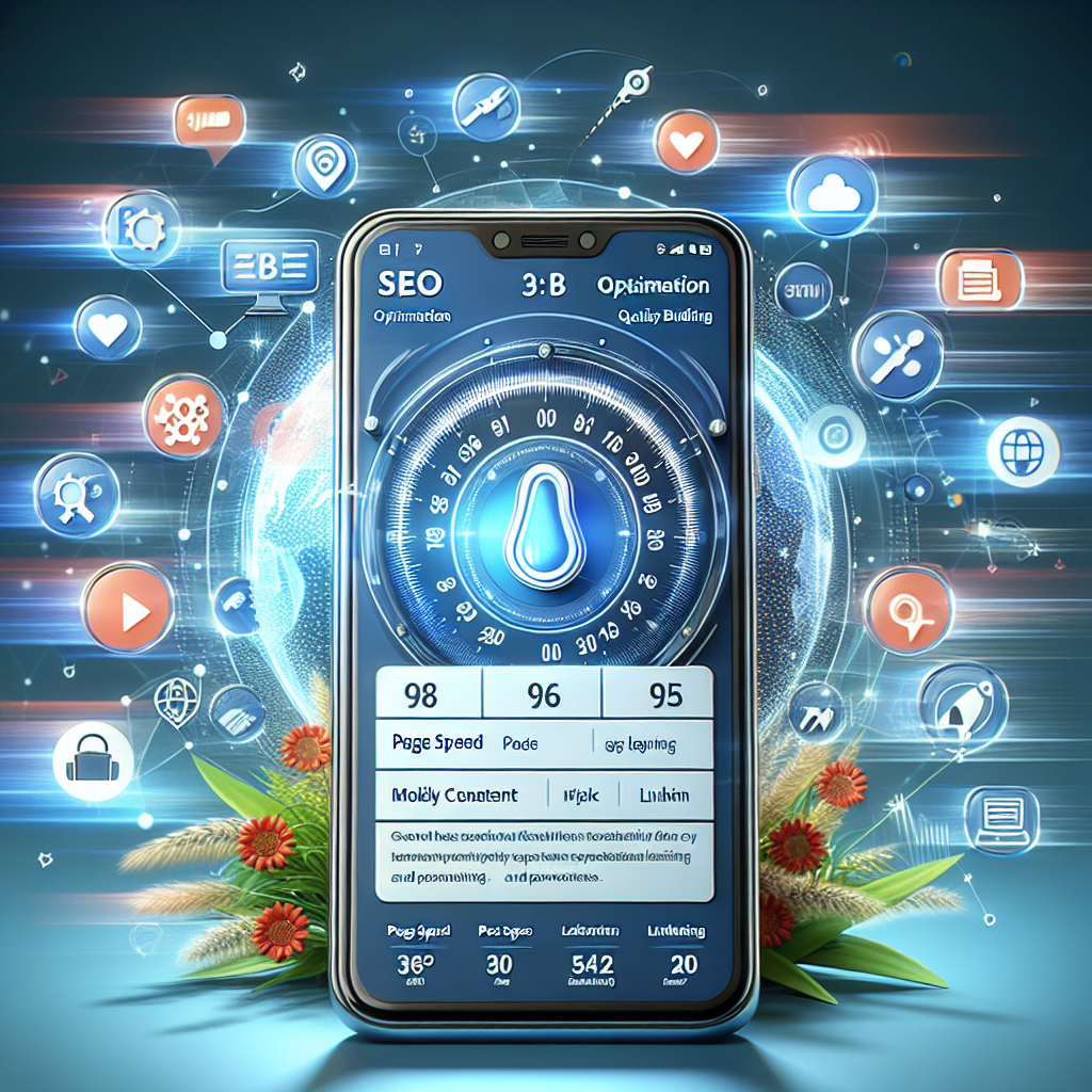 A mobile phone displaying a website with fast loading speed and user-friendly design, surrounded by SEO optimization icons.