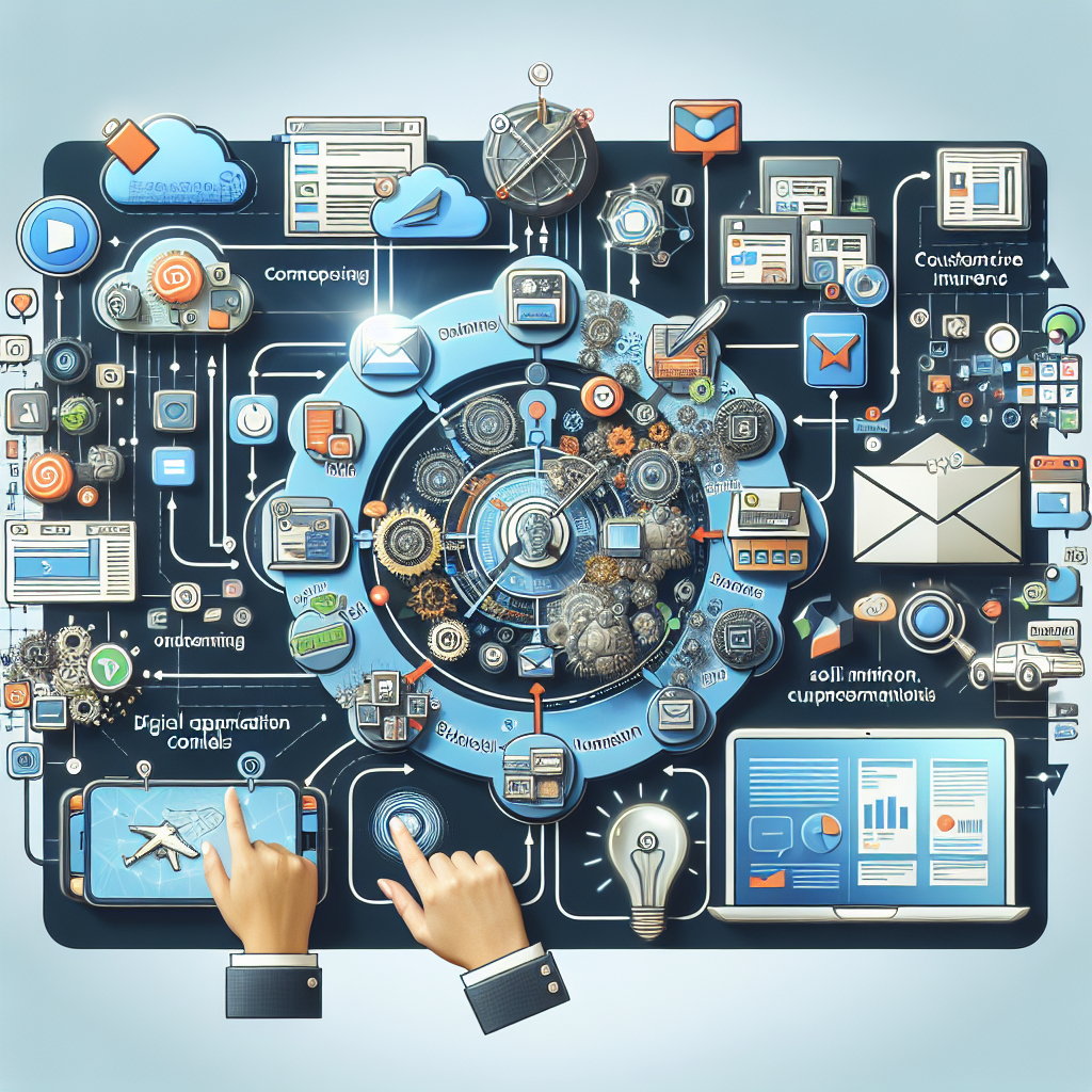 An infographic illustrating the integration of email marketing with various digital channels, such as social media, mobile apps, and e-commerce platforms, creating a seamless customer journey.