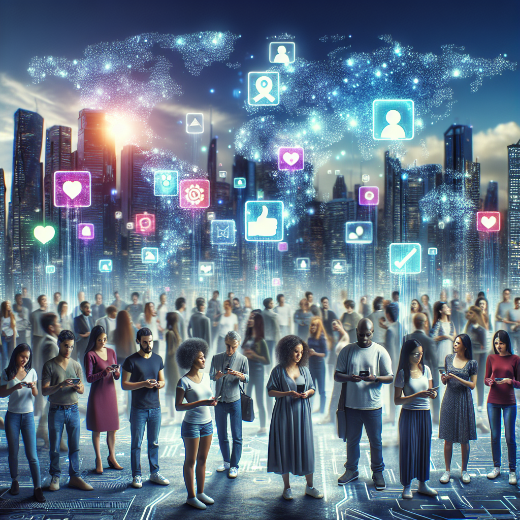 A futuristic cityscape with people of diverse backgrounds interacting with holographic TikTok logos, showcasing a vibrant and inclusive digital world.