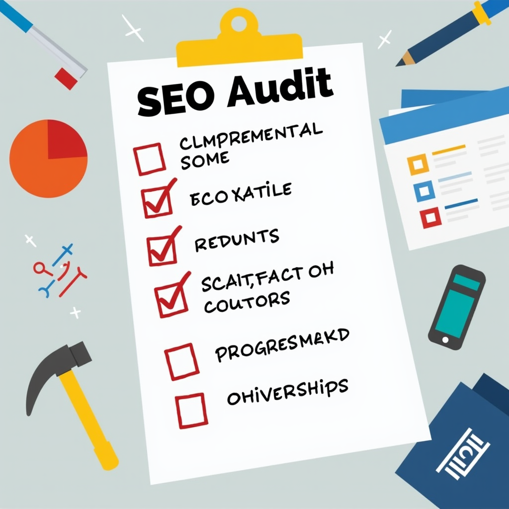 A checklist with SEO elements ticked off, symbolizing a comprehensive SEO audit, surrounded by SEO tools and resources.