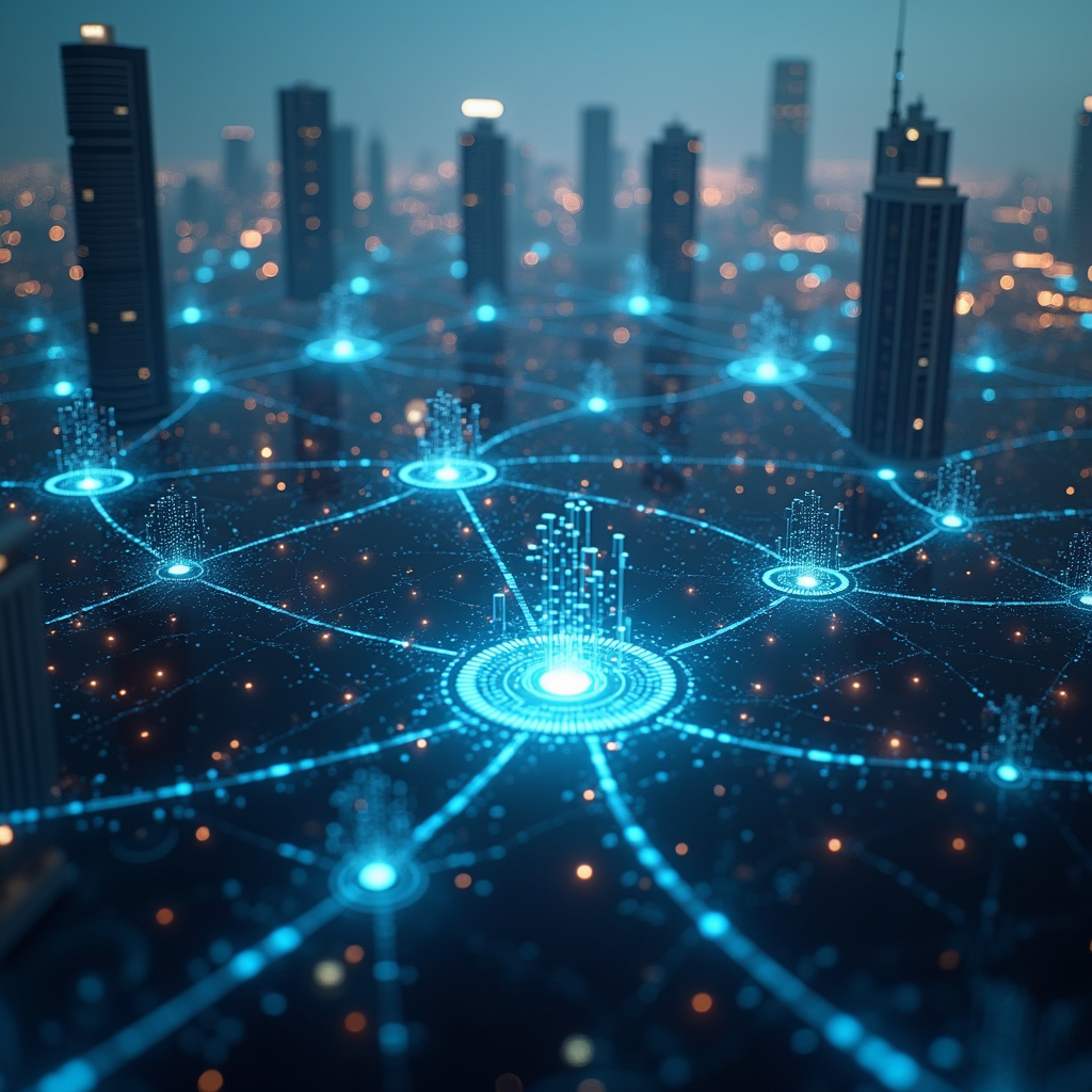 A futuristic cityscape with interconnected digital nodes representing AI agents, highlighting autonomy and collaboration.