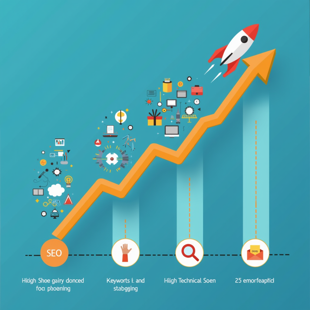 A graph showing website traffic increasing due to effective SEO strategies, with icons representing various SEO elements like keywords, backlinks, and technical SEO.