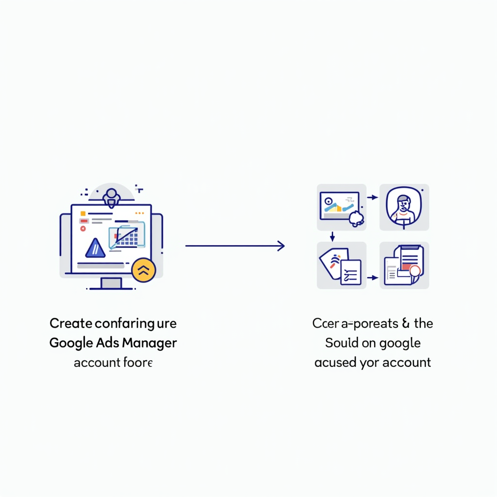 A step-by-step guide visualized as an infographic on how to create and configure a Google Ads Manager account. Use icons and concise text to illustrate the process, emphasizing ease of use and clarity.