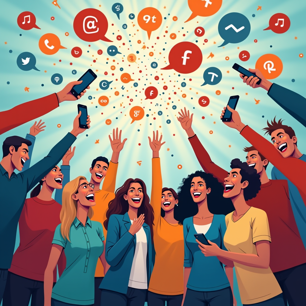 A captivating image showing a diverse group of people enthusiastically sharing content on various social media platforms, symbolizing the viral spread of information.