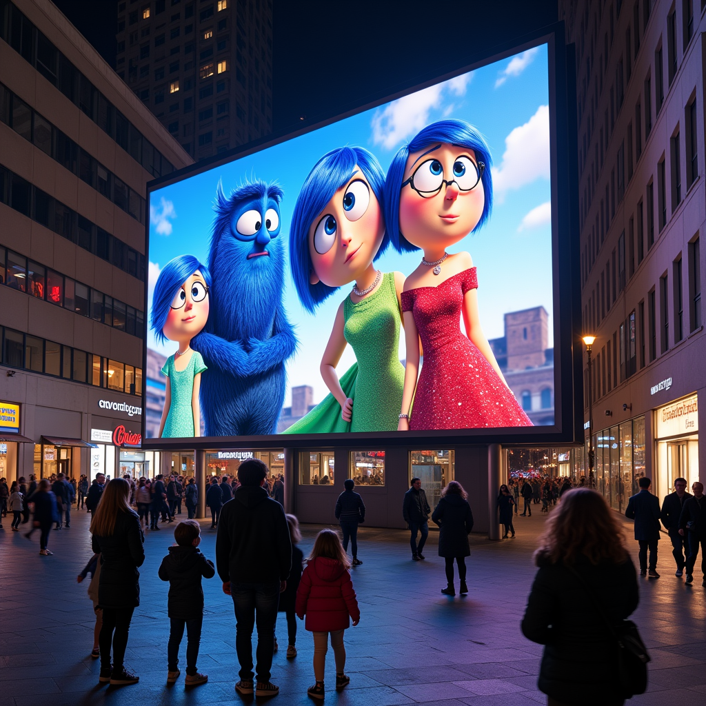 A dynamic scene of the Inside Out 2 characters projected onto a bustling city billboard, drawing the attention of passersby, with a family excitedly taking photos, highlighting the film's emotional appeal and widespread reach.
