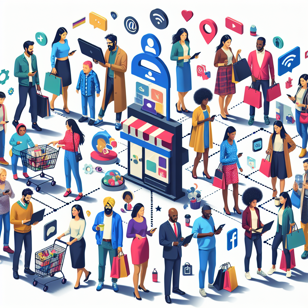 A diverse group of customers interacting with a business through various channels (website, physical store, mobile app, social media) showcasing both multichannel and omnichannel approaches, emphasizing the integration and seamlessness of omnichannel.