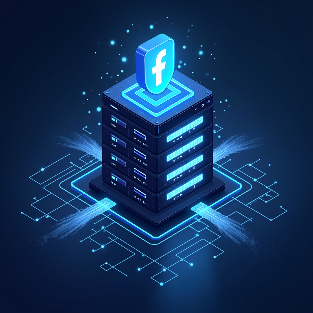 A concept art piece symbolizing the robustness and reliability of server-side data tracking using Conversion APIs. Imagine a fortress-like server with glowing data streams flowing securely towards a social media platform icon. The style should be futuristic and technologically advanced.
