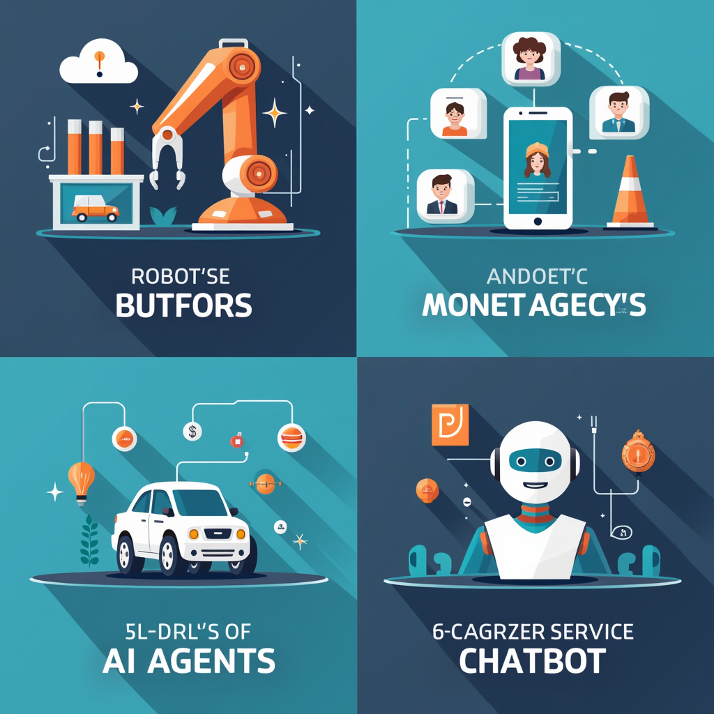 Examples of AI Agents in various industries: a robotic arm in a factory, a virtual assistant on a smartphone, a self-driving car on a road, and an AI-powered chatbot for customer service. Showcase the versatility of AI Agents.