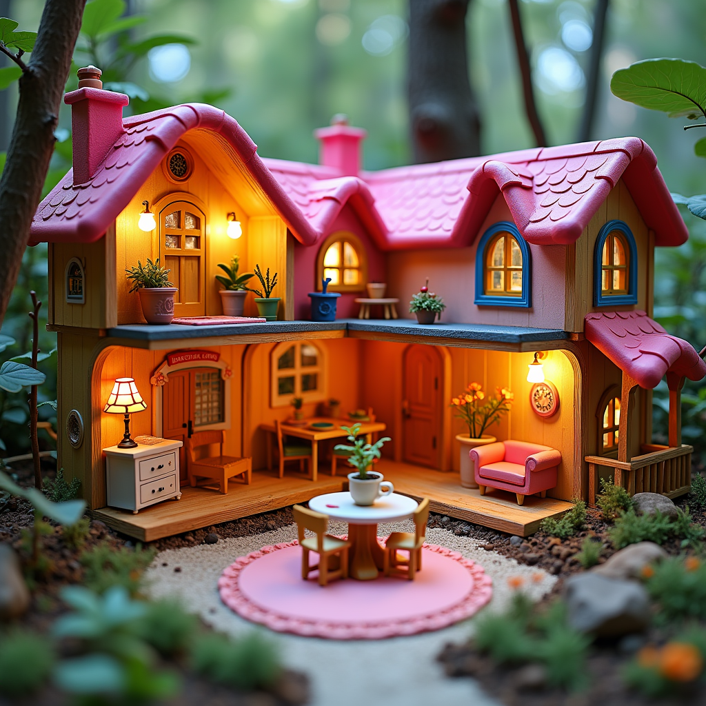 An enchanting Airbnb listing inspired by Polly Pocket's miniature world, showcasing intricate details and vibrant colors, with guests marveling at the immersive experience, capturing the essence of childhood wonder and imagination.