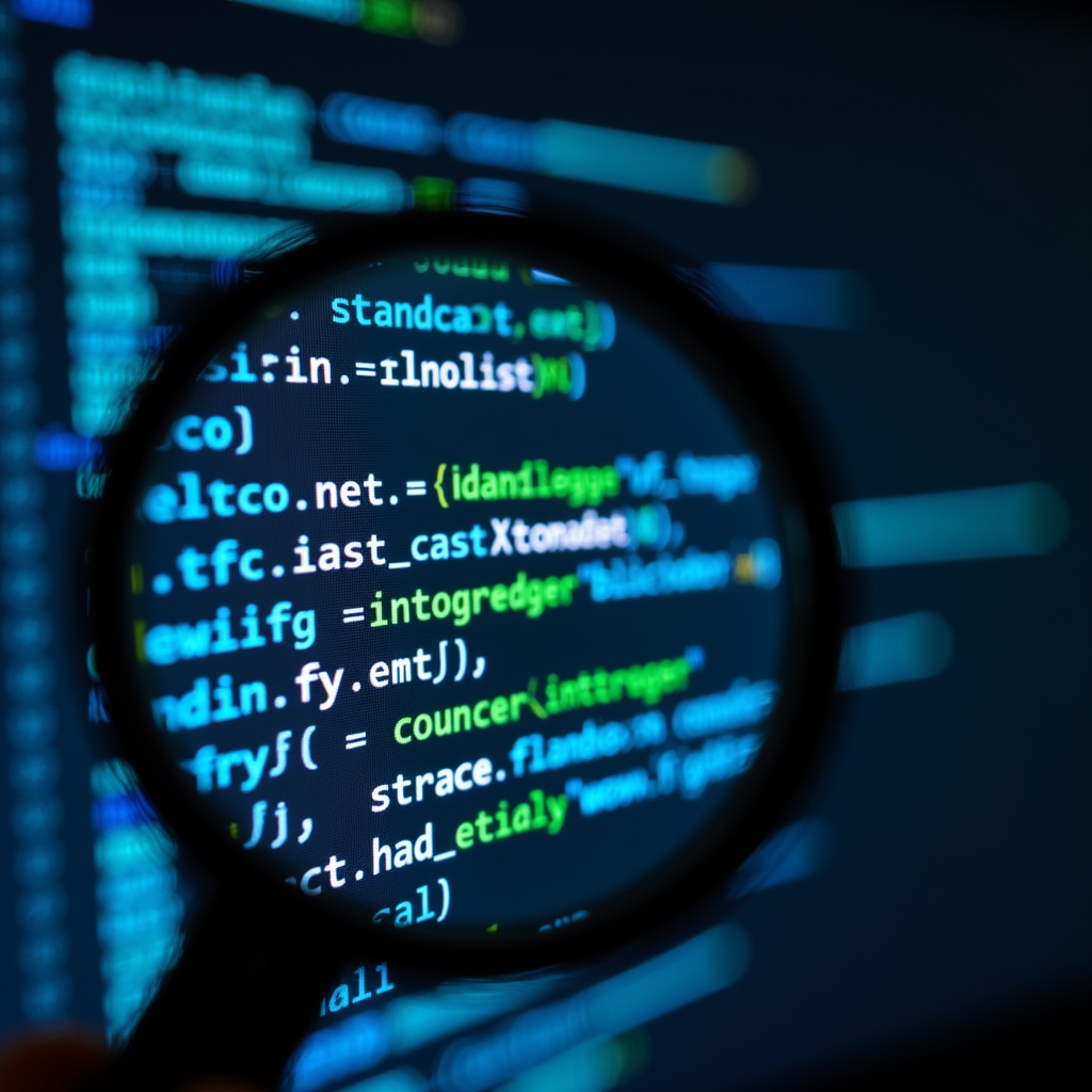 A magnifying glass focused on a website's code, highlighting the importance of SEO standards, with binary code in the background.