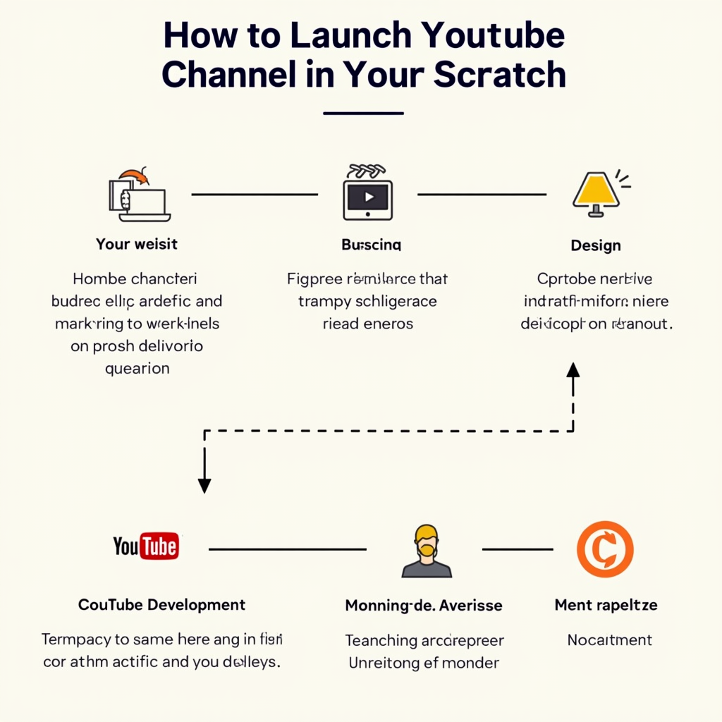 A step-by-step infographic demonstrating the process of launching a YouTube channel from scratch. Show planning, creation, and content development stages, with icons representing each step.