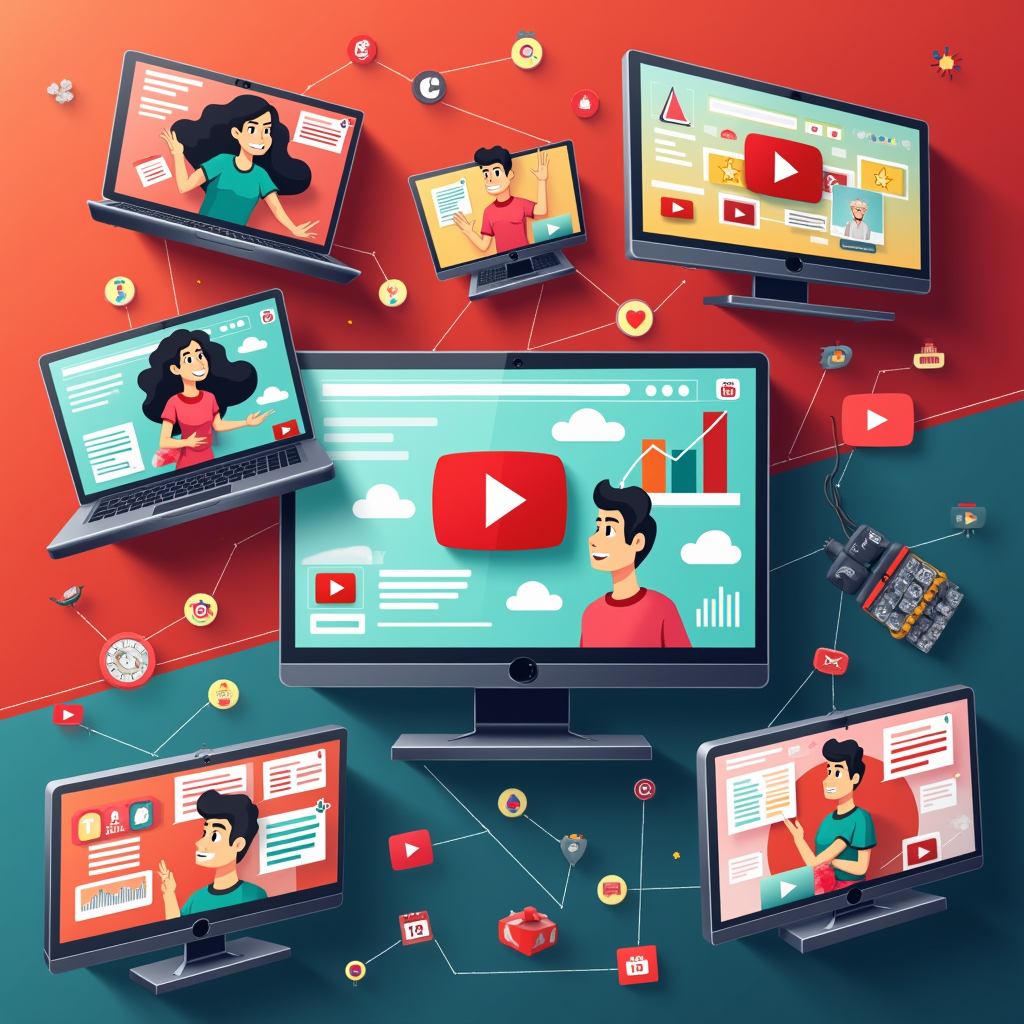 A creative and eye-catching banner showcasing various types of YouTube ads, highlighting their diversity and effectiveness in reaching different audiences. Focus on vibrant colors and dynamic visuals.