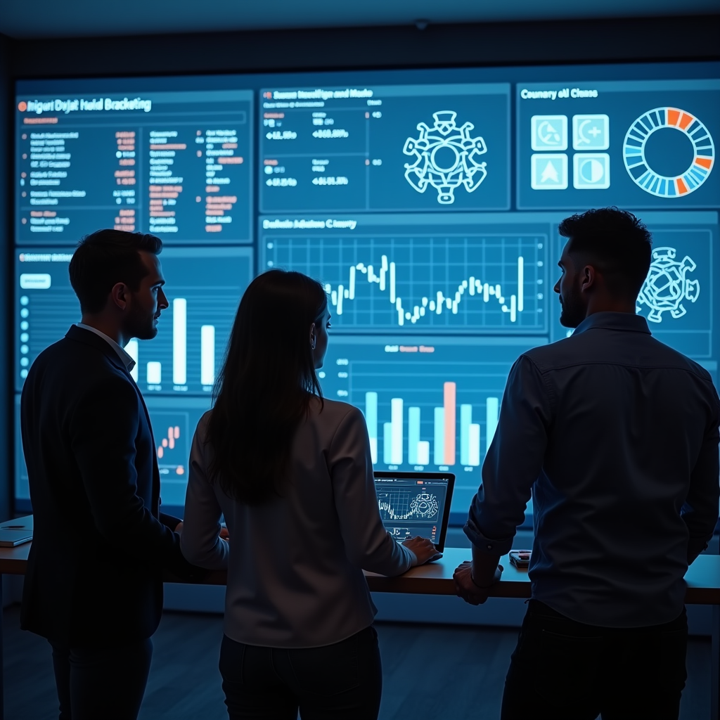 A digital marketing team collaborating with an AI-powered dashboard. The dashboard displays key metrics and insights, while team members strategize based on AI recommendations. Emphasize teamwork and data-driven decision-making.