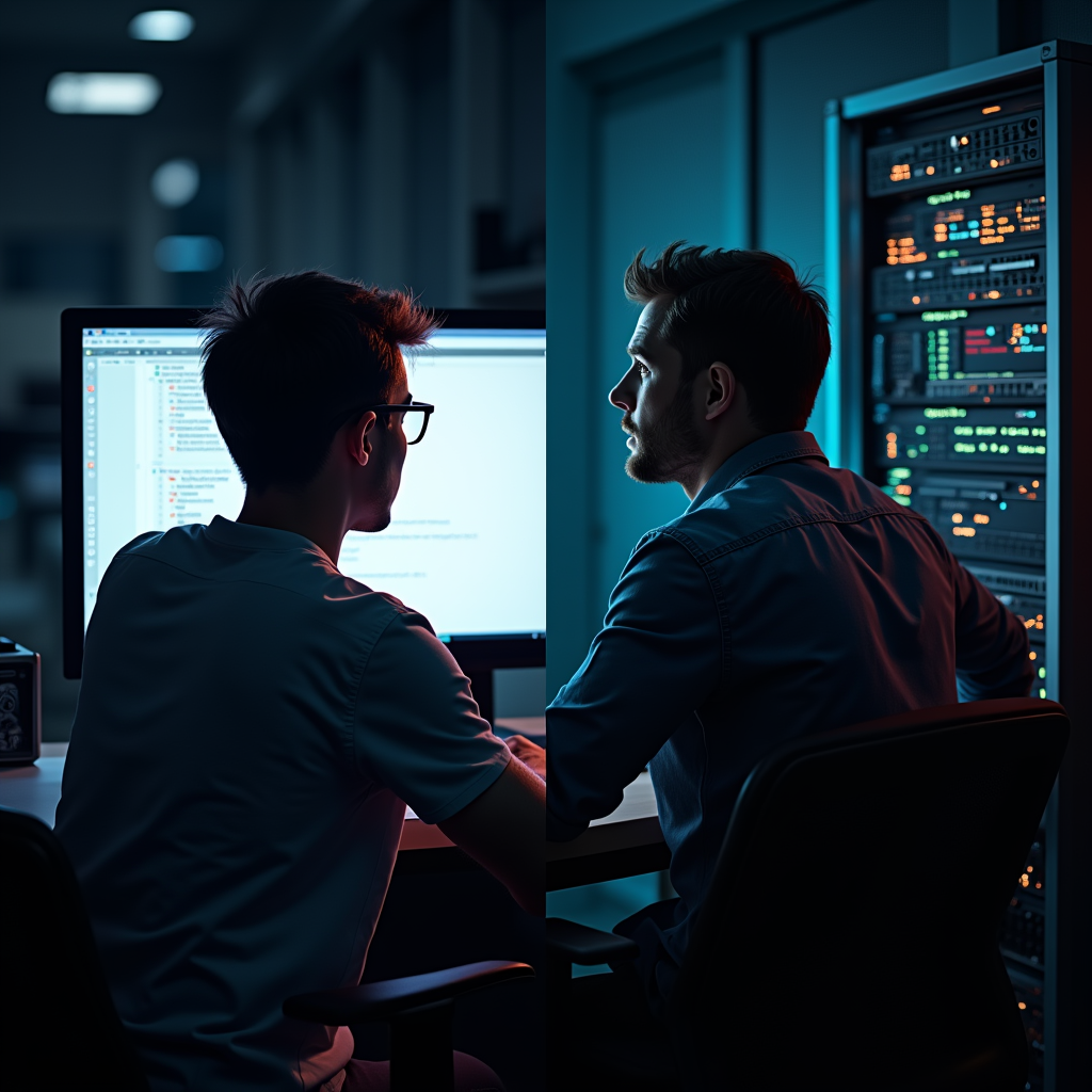 A split-screen showing a user on one side frustratedly staring at a