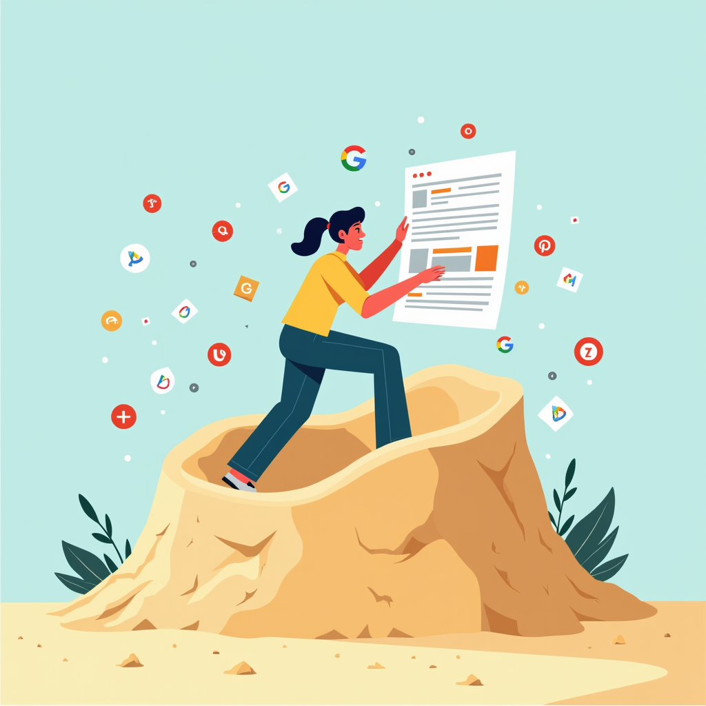 A digital illustration of a new website trying to climb out of a sandbox filled with Google logos, symbolizing the struggle to rank high in search results. The illustration should have a bright and optimistic tone.