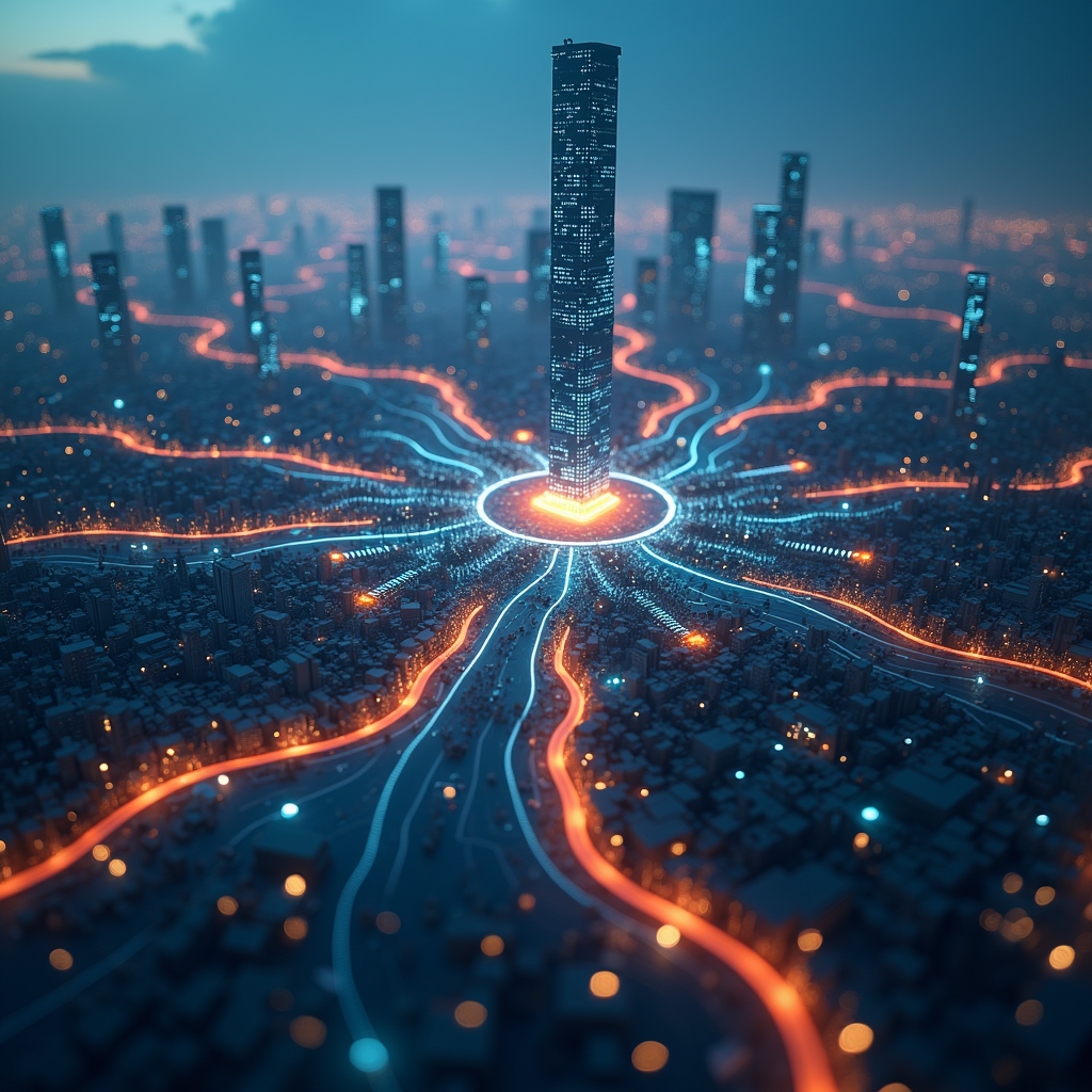 A futuristic cityscape dominated by glowing neural networks, symbolizing the power of AI automation. Focus on interconnectivity and seamless integration.